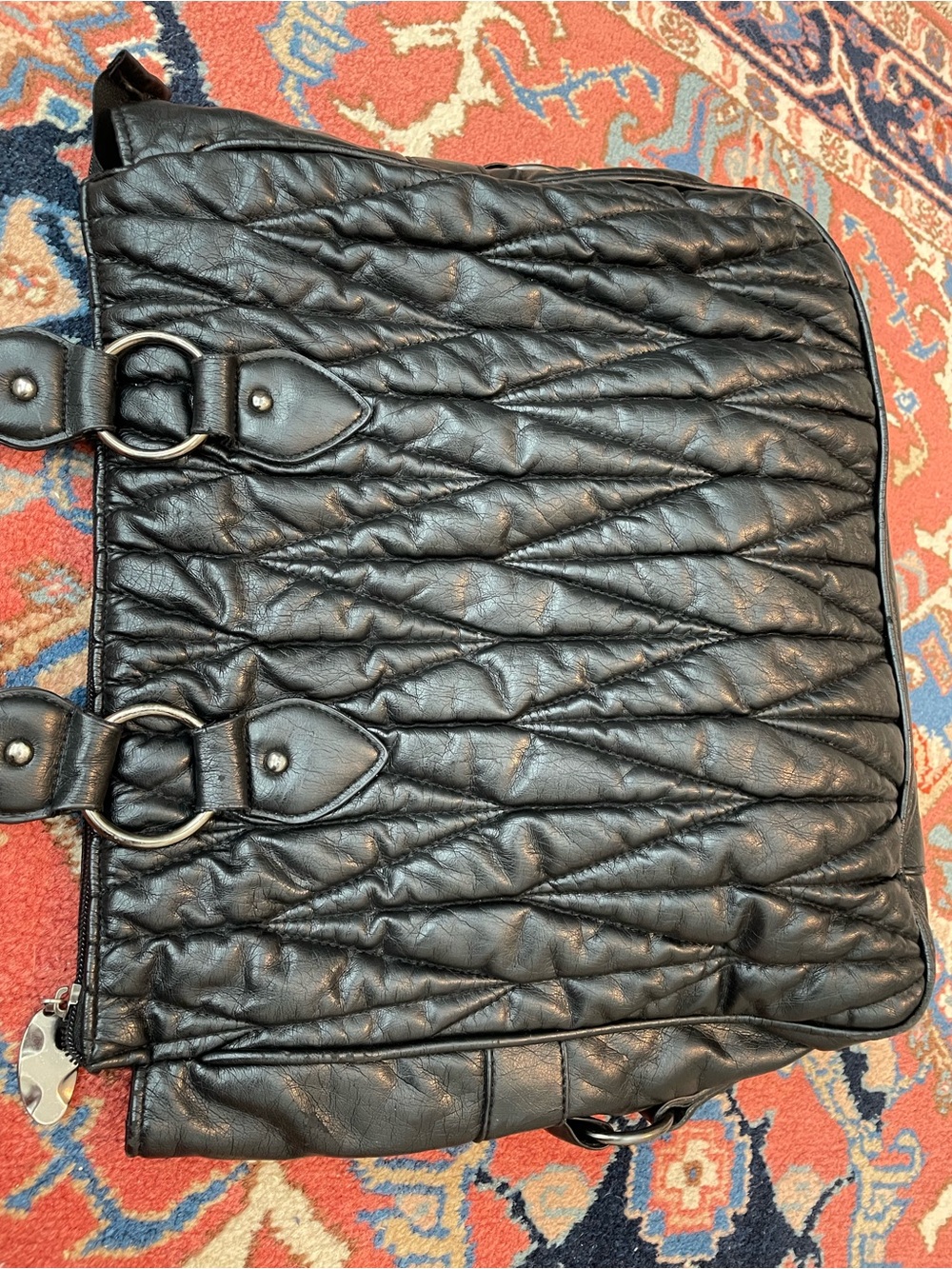 Black Quilted Faux Leather Tote Bag with Ring-Accent Straps